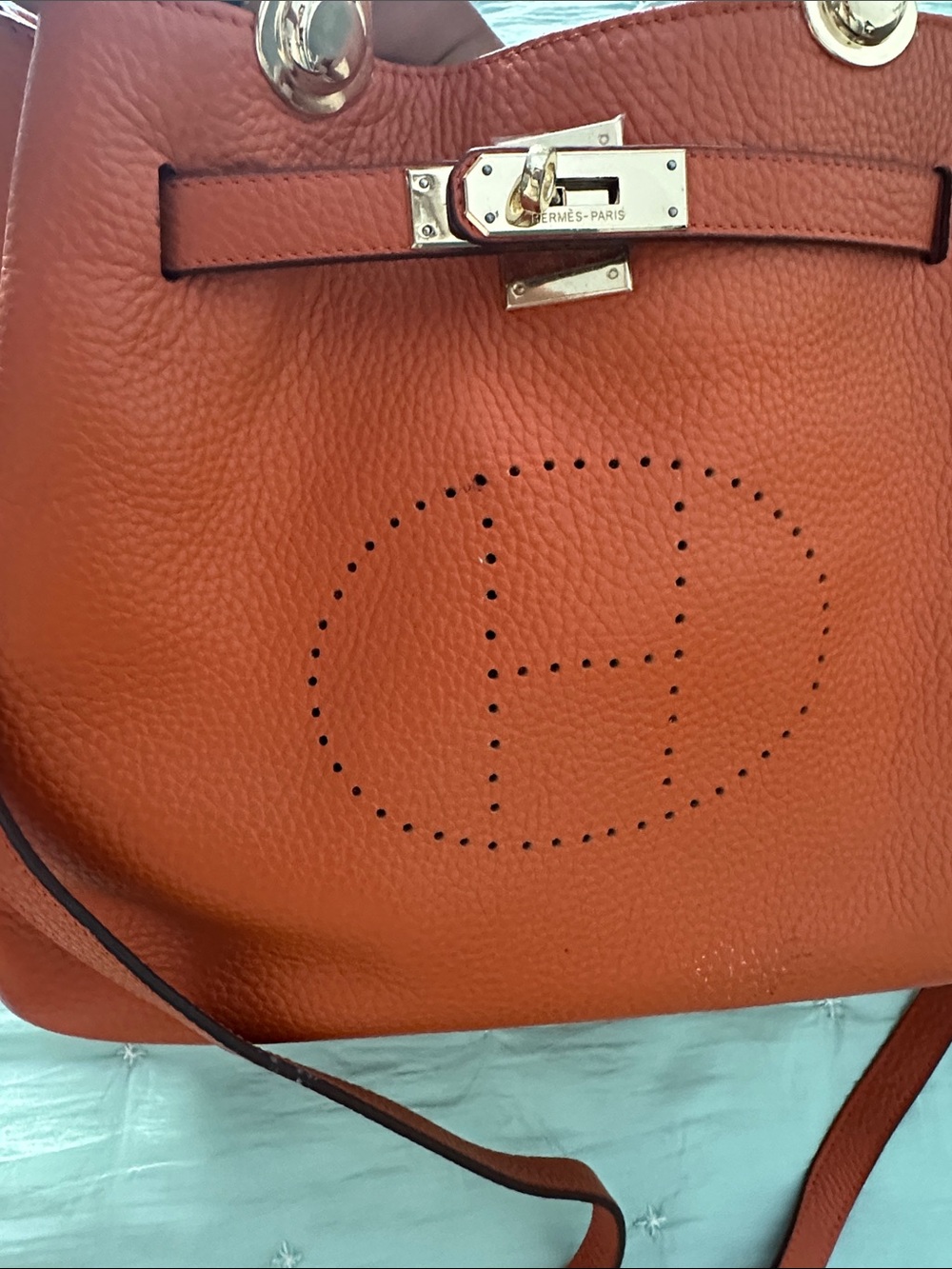 Orange Leather Tote Handbag with Gold Hardware - Picture 4 of 16